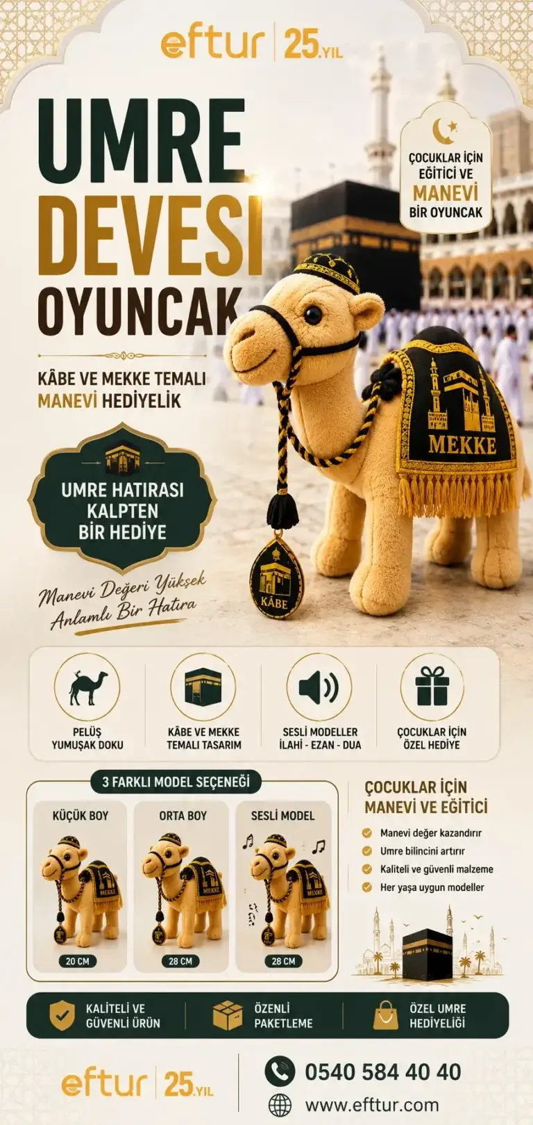 Kâbe ve Mekke temalı umre devesi oyuncak peluş hacı devesi manevi hediyelik modeli