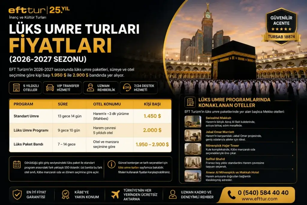 Lüks Umre turları fiyatları 2026-2027, otel ve paket karşılaştırması